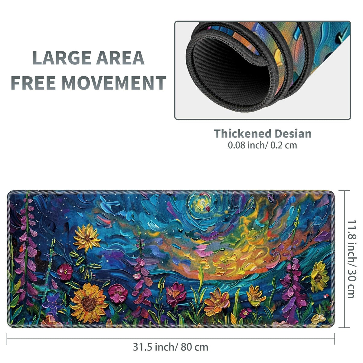 Large Gaming Mouse Pad Plus a Coasters + Cable Clips, Vibrant Watercolor Flowers Extended Mousepad