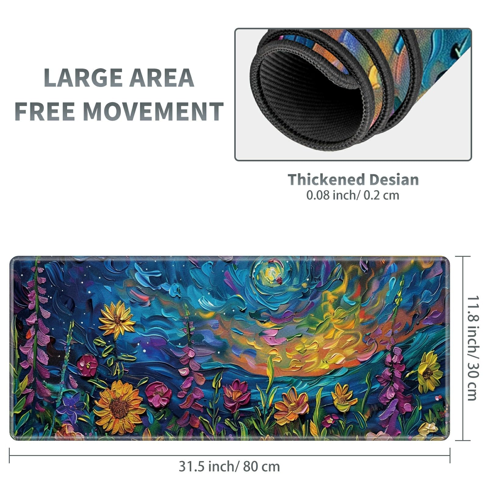 Large Gaming Mouse Pad Plus a Coasters + Cable Clips, Vibrant Watercolor Flowers Extended Mousepad