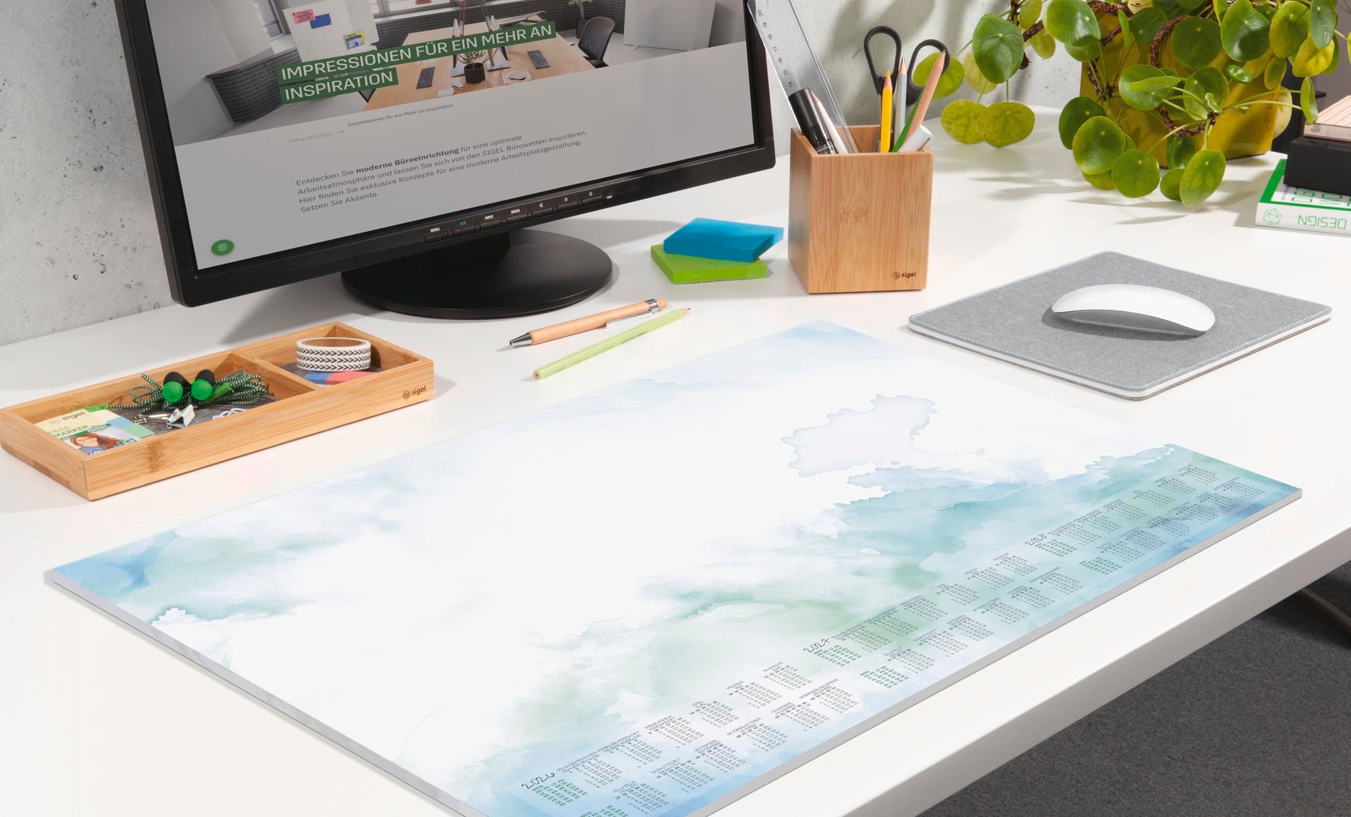 SIGEL H6314 Paper Desk pad- Watercolour - Green/Blue - Approx. A2-2026/2027/2028 - DE/EN/FR/NL - 30