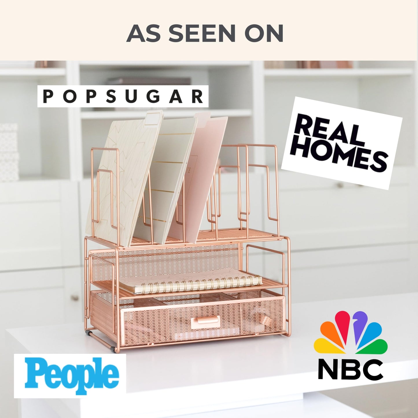 BLU MONACO | Rose Gold Desk Organizer with Drawer | Metal Desk Organizer with File Sorters and