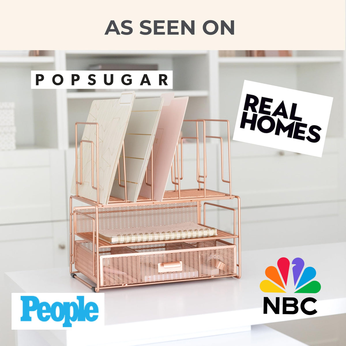 BLU MONACO | Rose Gold Desk Organizer with Drawer | Metal Desk Organizer with File Sorters and