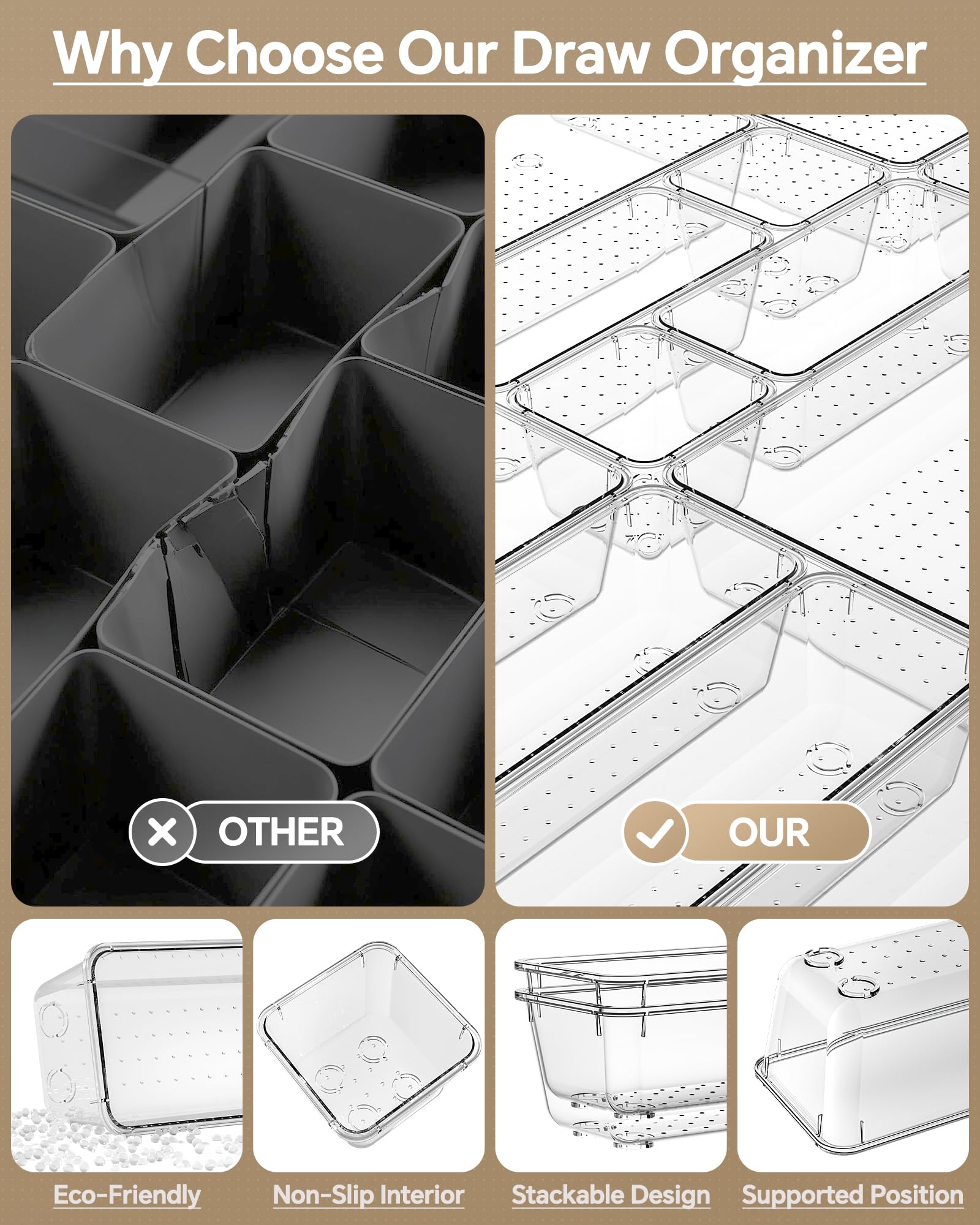KEMETHY 25 PCS Plastic Drawer Organizers Set, 4 Sizes Vanity Organizer