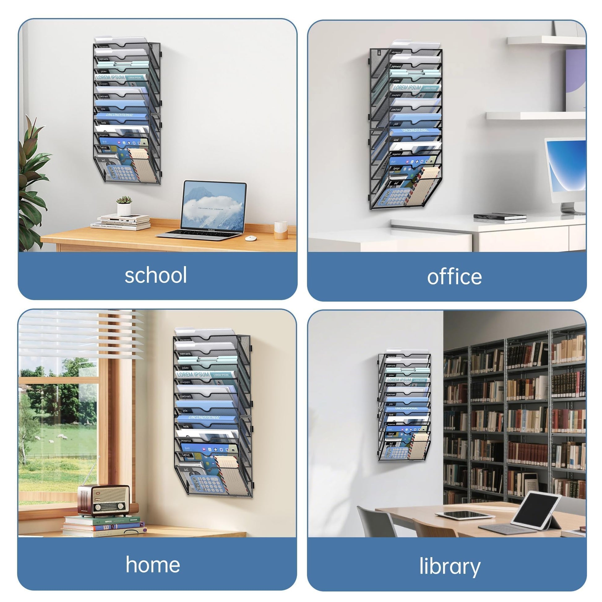 JMHUD 10-Tier Wall File Organizer and Hanging File Organizer, Black, 2Pack