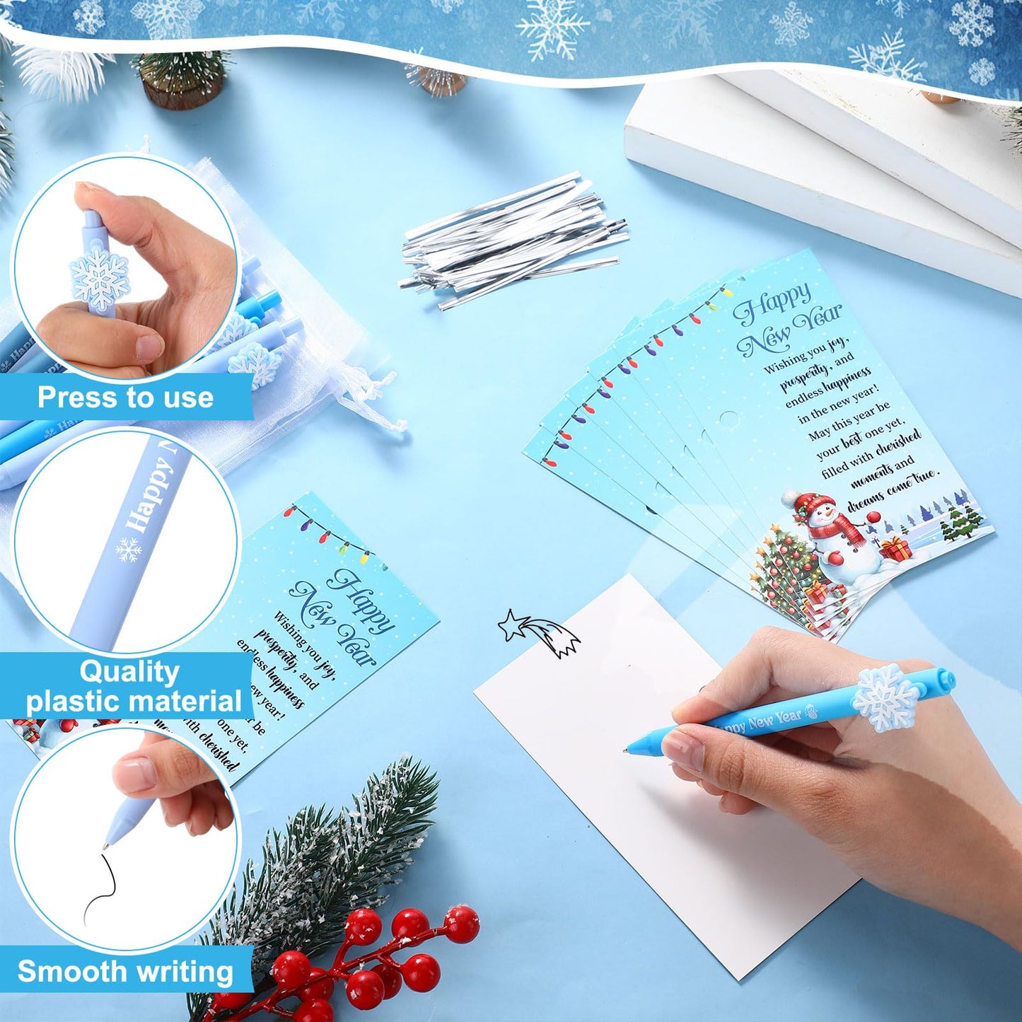 Marspark 30 Set Winter New Year Gifts Bulk Christmas Ballpoint Pens and Greeting Cards Set with Bag