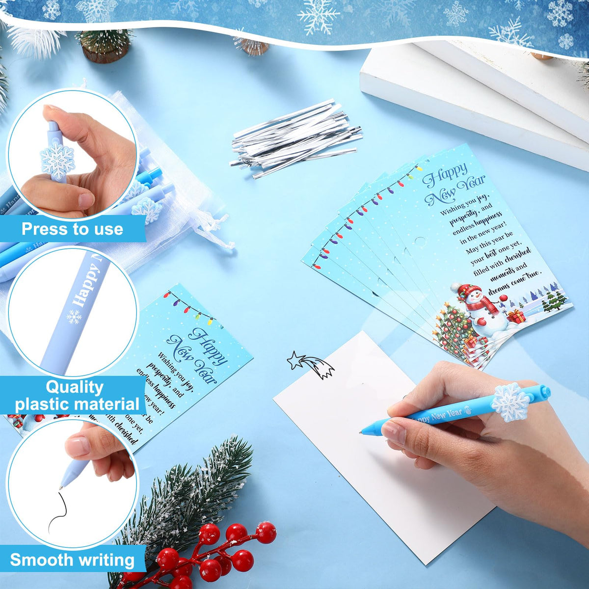 Marspark 30 Set Winter New Year Gifts Bulk Christmas Ballpoint Pens and Greeting Cards Set with Bag