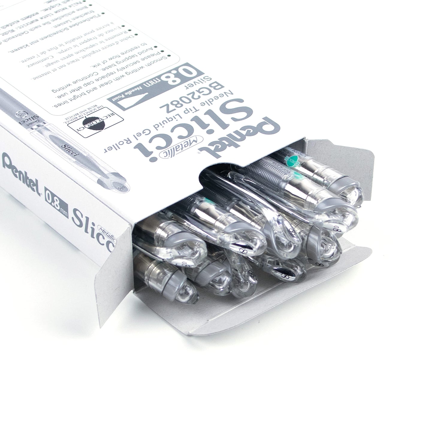 Pentel Arts Slicci 0.8mm Needle Tip, Medium Gel Pen, Silver Metallic Ink (BG208-Z), 12 Pack