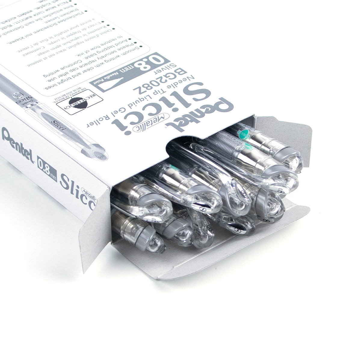 Pentel Arts Slicci 0.8mm Needle Tip, Medium Gel Pen, Silver Metallic Ink (BG208-Z), 12 Pack