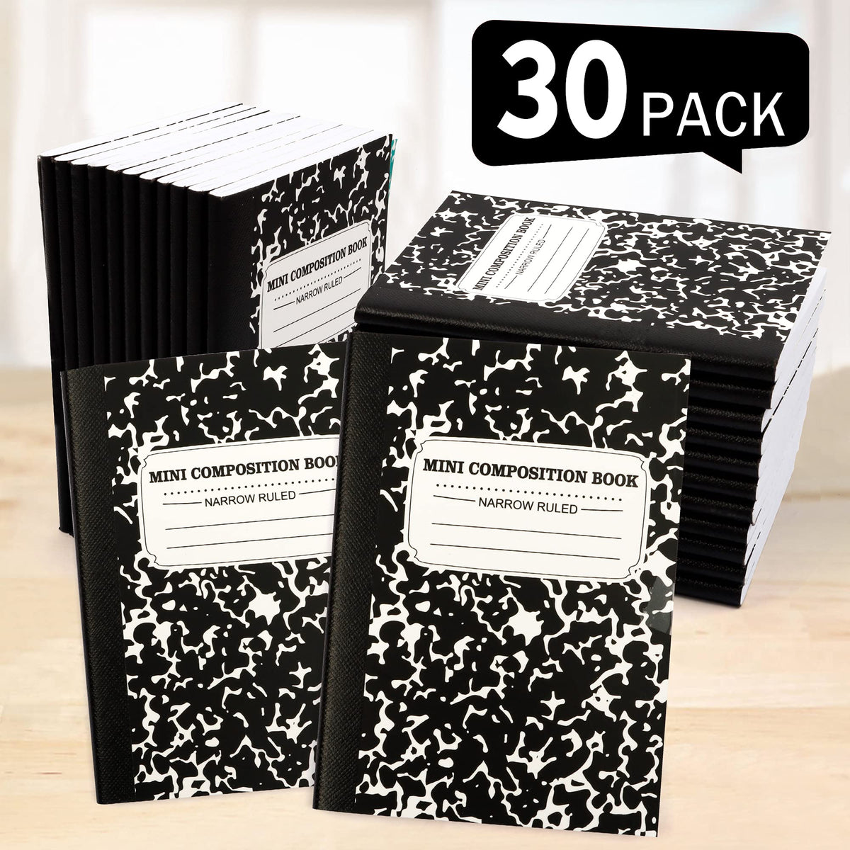 feela Mini Composition Notebook, Cute 30 Pack Black Narrow Ruled Mini Composition Books Bulk, Small