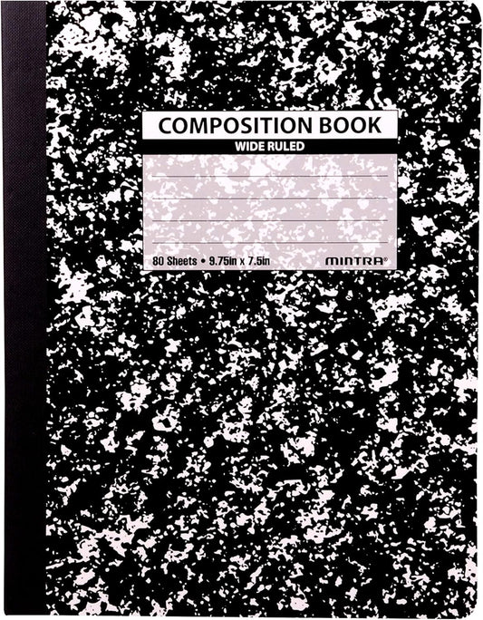 Mintra Office Composition Books - Sturdy Flexible Cover (1 Pack, Black Marble Comp - Wide Ruled)