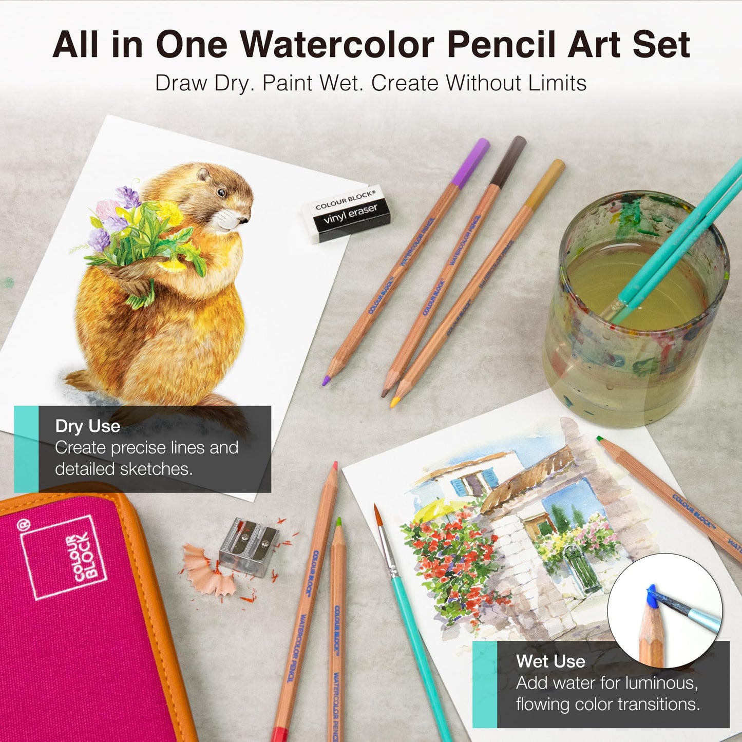 COLOUR BLOCK Watercolor Pencil Travel Art Set 34 PCS, Professional Drawing Kit, 50 Sheets Drawing