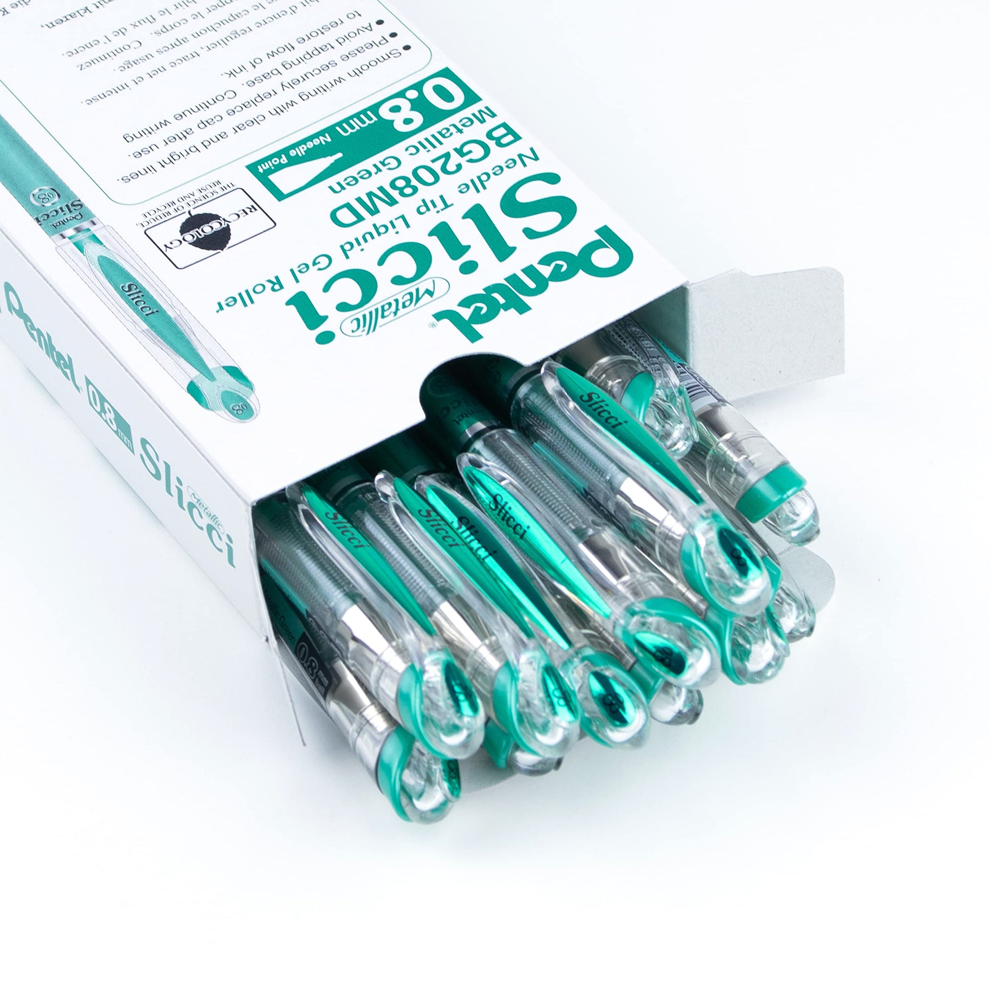 Pentel Arts Slicci Metallic 0.8 mm Needle Tip Gel Pen, Metallic Green Ink, Box of 12 (BG208-MD)