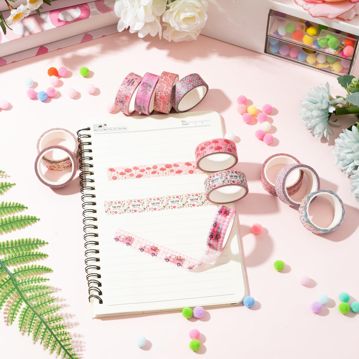 BkeeCten Mother's Day Washi Tape - 12 Rolls Daisy Floral Bouquet Vintage Truck Love Mom Message