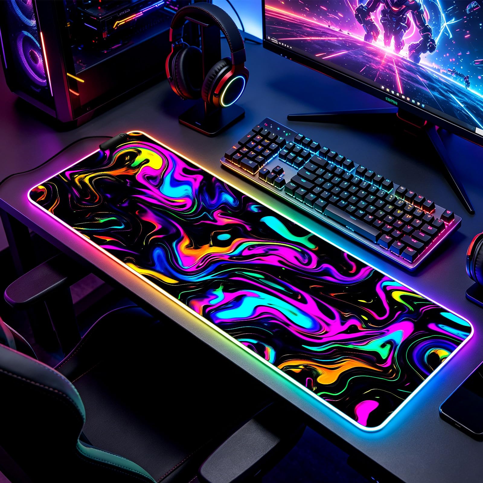 JIANG100 RGB Abstract Fluid Marble Swirl Gaming Desk Mat & Mouse Pad, XL
