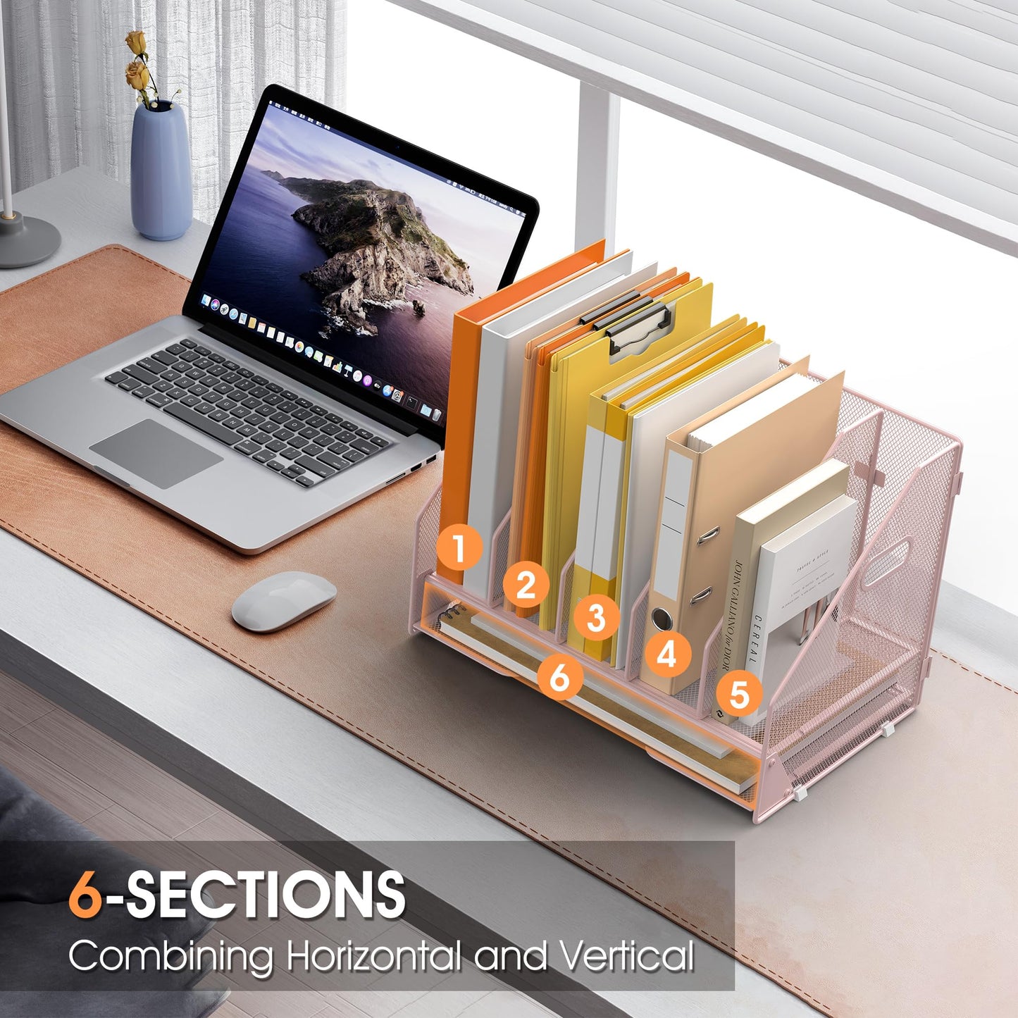 OrgMate 5 Vertical Mesh Desk Organizer with Paper Letter Tray, Pink