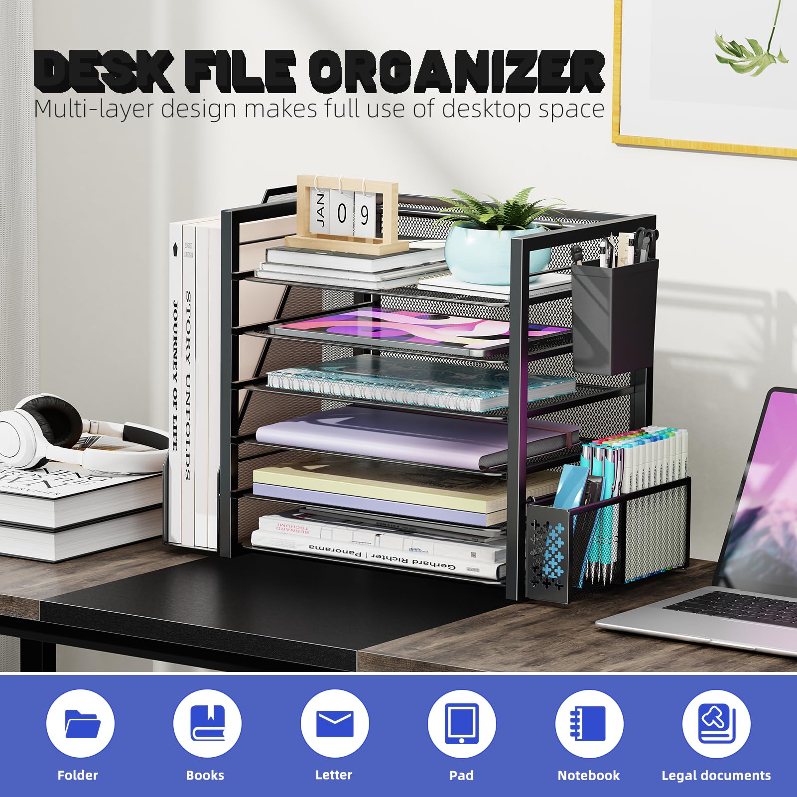 Simple Trending Desk File Organizer, 6-Tier Paper Organizer for Desk, Black
