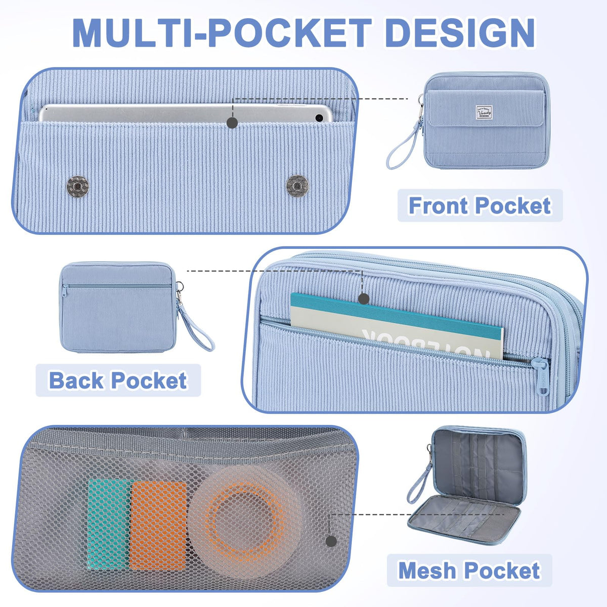 VASCHY Colored Pencil Case, Corduroy Large Pencil Pouch for Art Pens Markers Gel Pens Big Holder