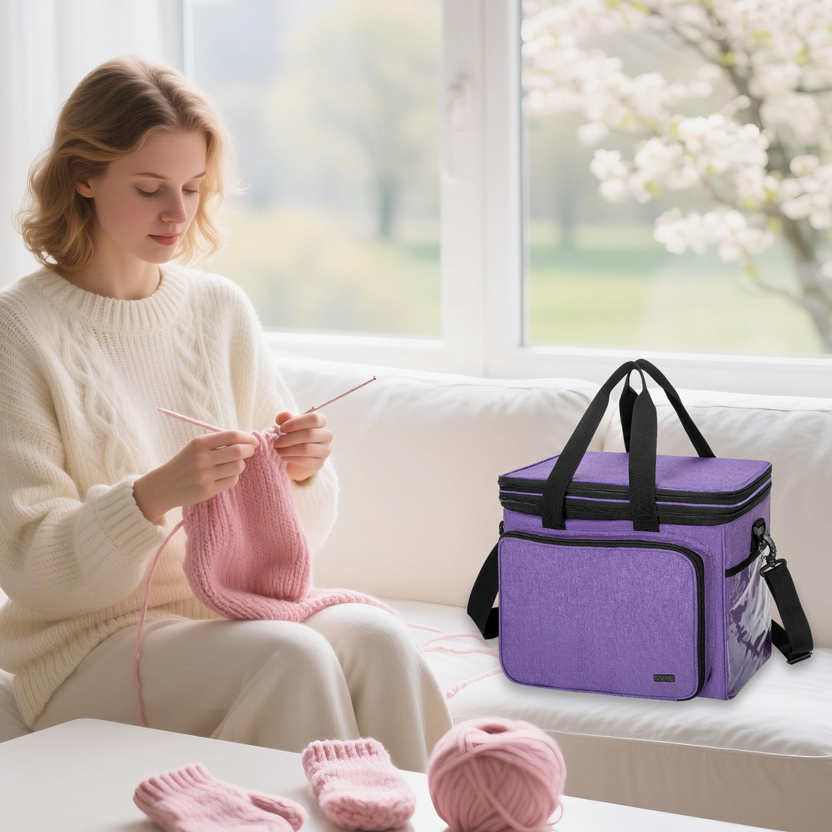 Teamoy Crochet Bag, Knitting Bag Yarn Storage Tote, Yarn Organizer, Purple