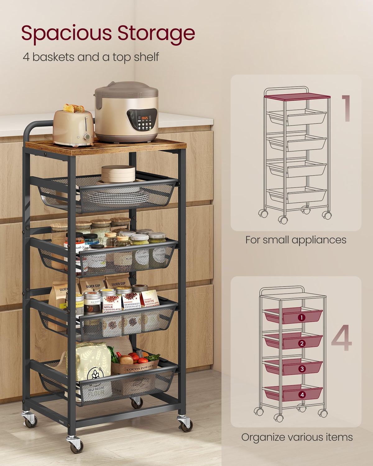 VASAGLE 5-Tier Storage Rolling Cart Organizer with Pull-Out Baskets