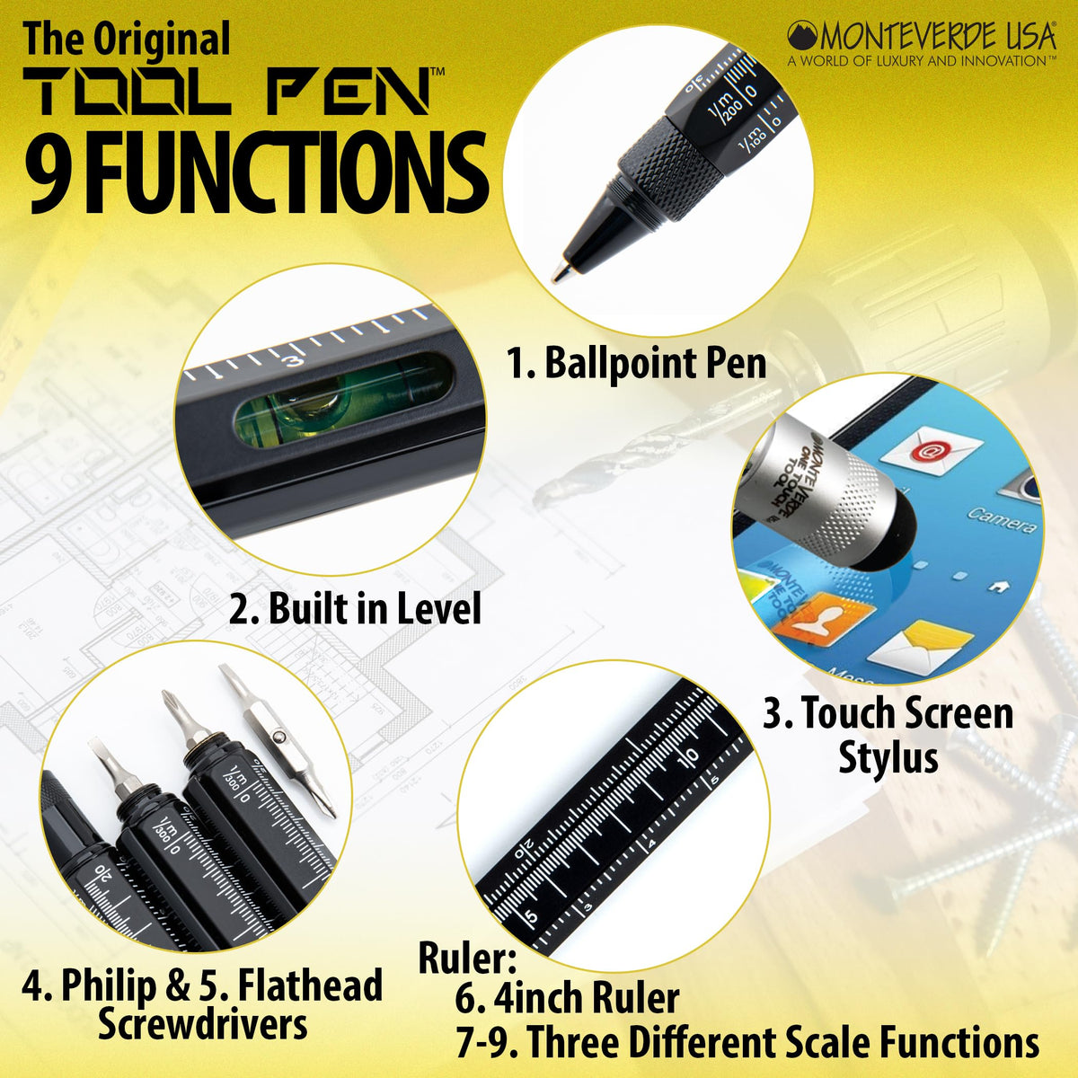 Monteverde USA 9-in-1 Tool Ballpoint Pen in Black – Multifunctional Pen with Stylus, Screwdrivers