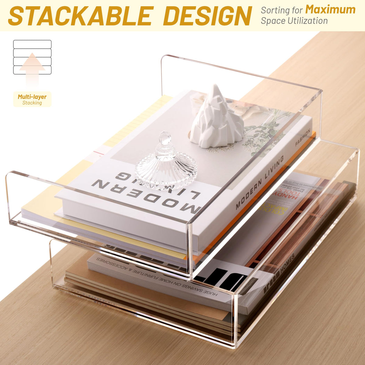 SANRUI Acrylic Desk Organizer Stackable Paper Tray, Letter Size Tray 2-Pack