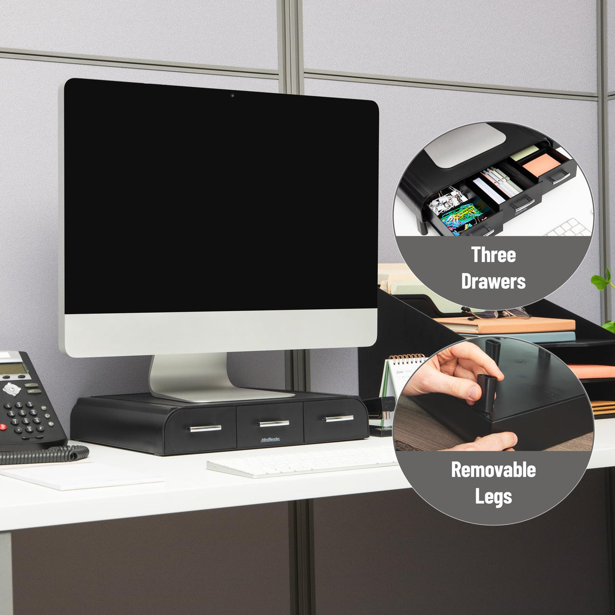 Mind Reader Monitor Stand, 3 Storage Drawers, Desktop Organizer, Riser, Office, 13.5"L x 13"W x