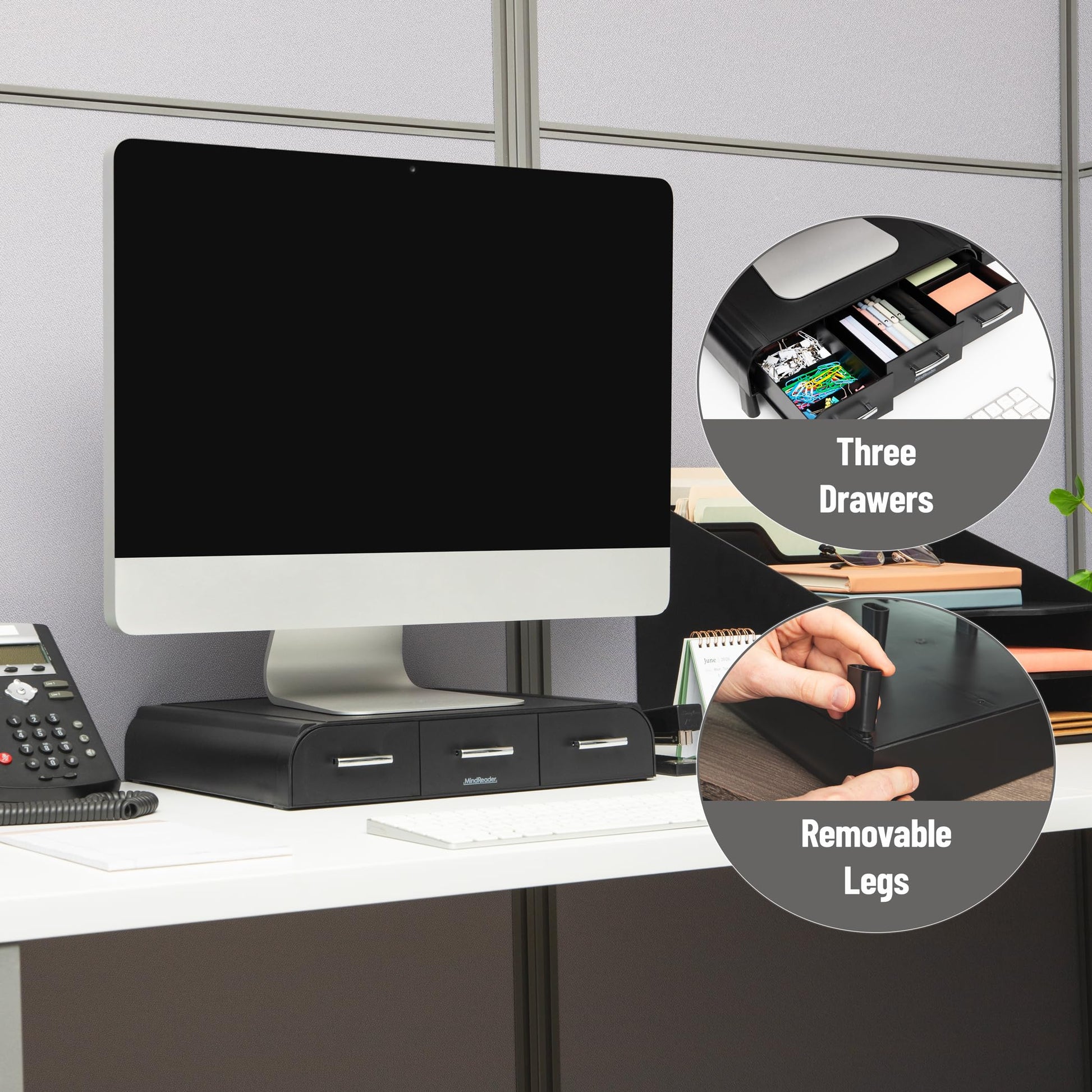 Mind Reader Monitor Stand, 3 Storage Drawers, Desktop Organizer, Riser, Office, 13.5"L x 13"W x