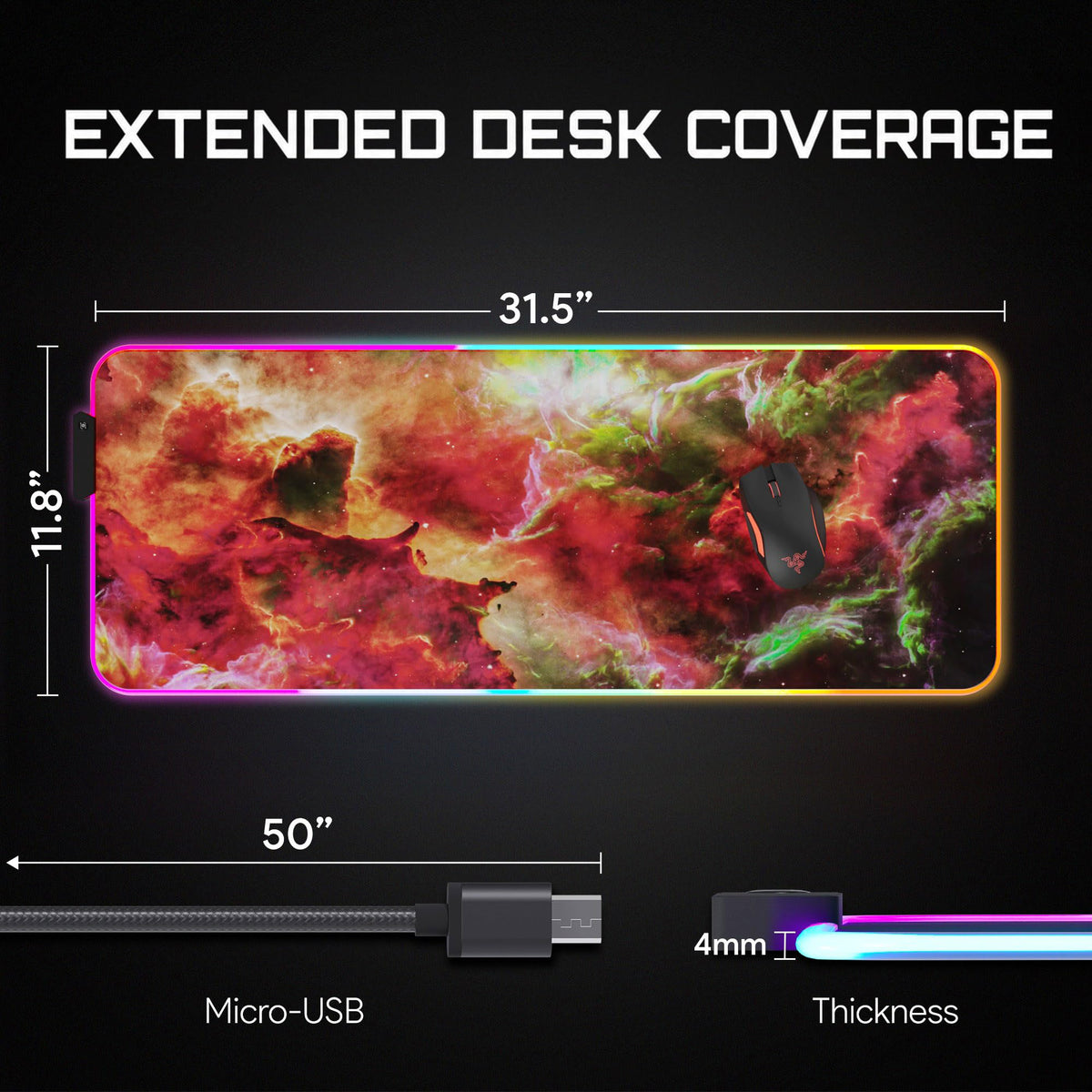 Gerlos RGB Gaming Mouse Pad, Large LED Desk Mat for Gamer, 31.5" x 11.8"