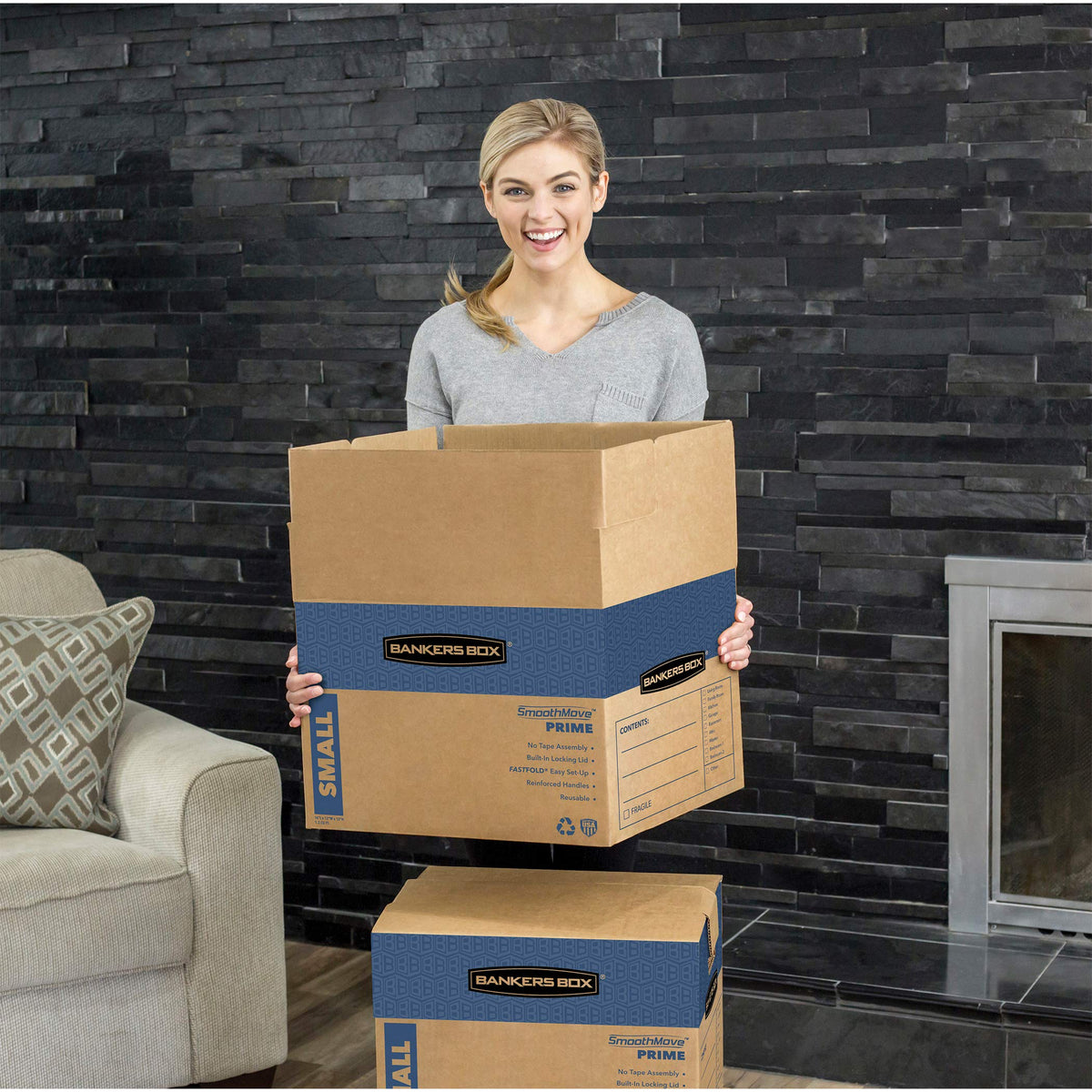 Bankers Box Small Prime Moving Box 5 Pack, Reinforced Handles, Tape-Free Assembly, Attached Lid