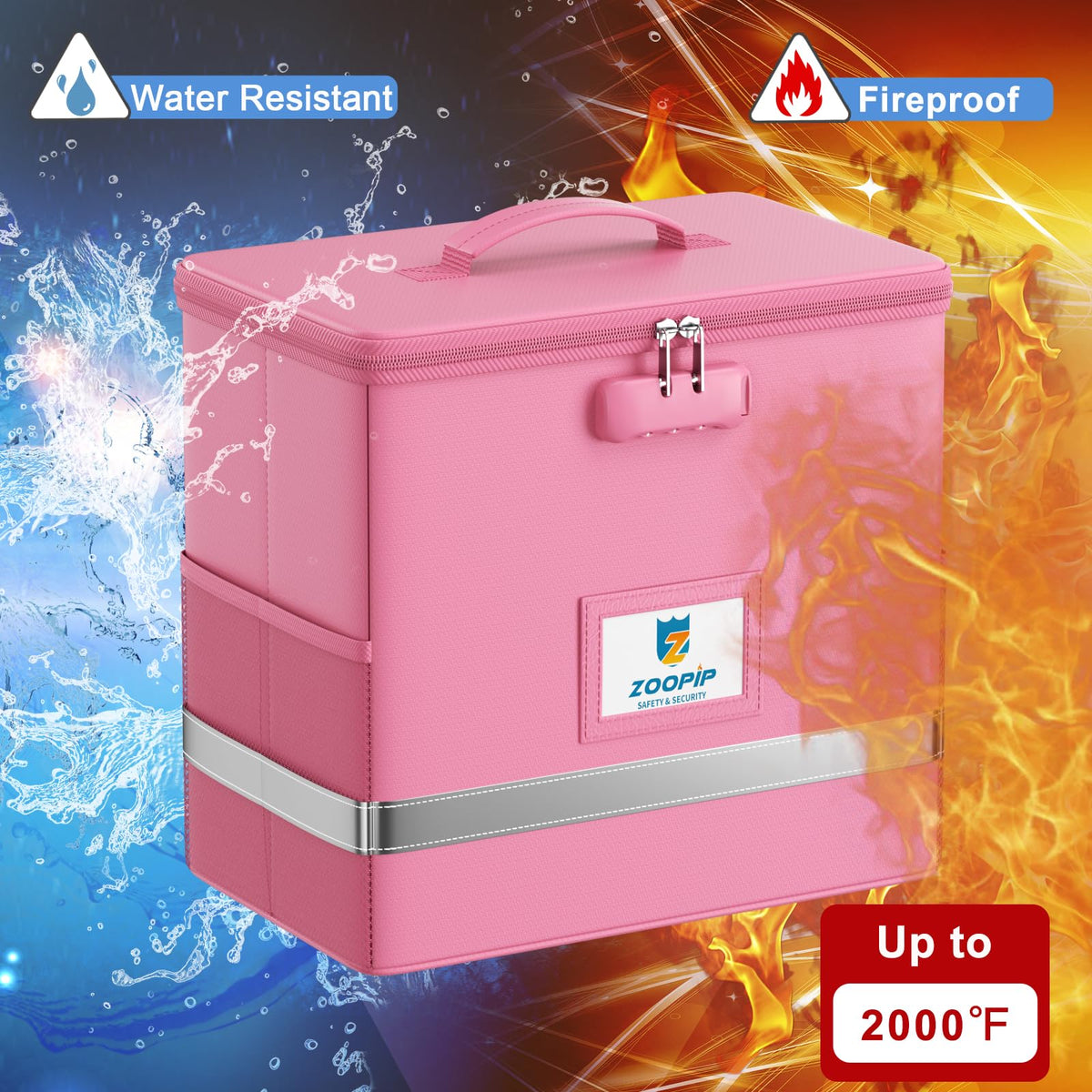 ZOOPIP Fireproof File Box with Lock, Collapsible Document Organizer, Pink