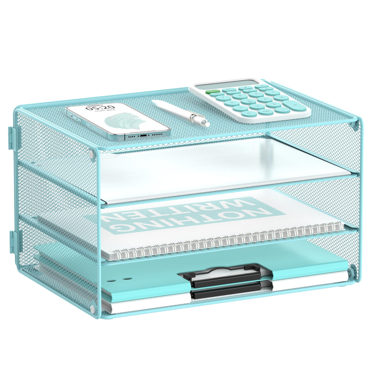 DALTACK 3 Tier Letter Tray Paper Organizer with Sliding Mesh Trays Blue