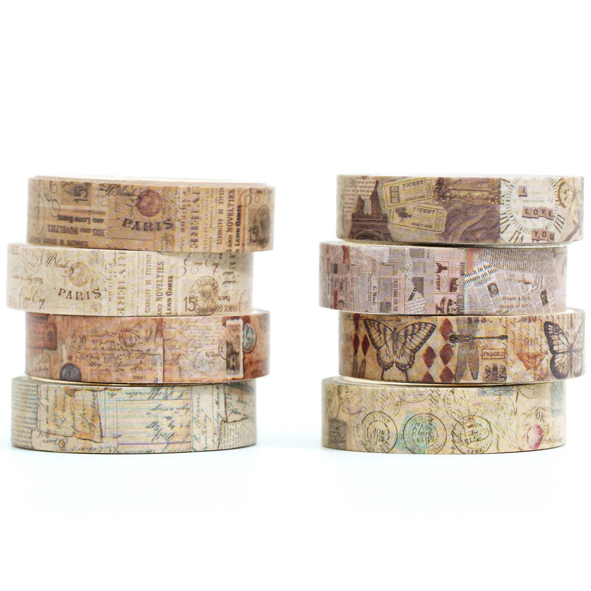 YUBX Vintage Washi Tape Set 8 Rolls Thin Retro Decorative Antique Patterns Masking Tapes for Arts