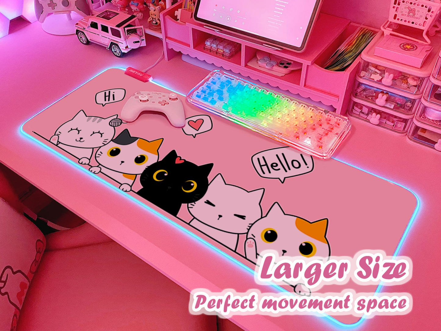 JMIYAV Pink Kawaii Cat RGB Gaming Mouse Pad 31.5x12 Inch PC XL Large Extended Glowing Led Light Up
