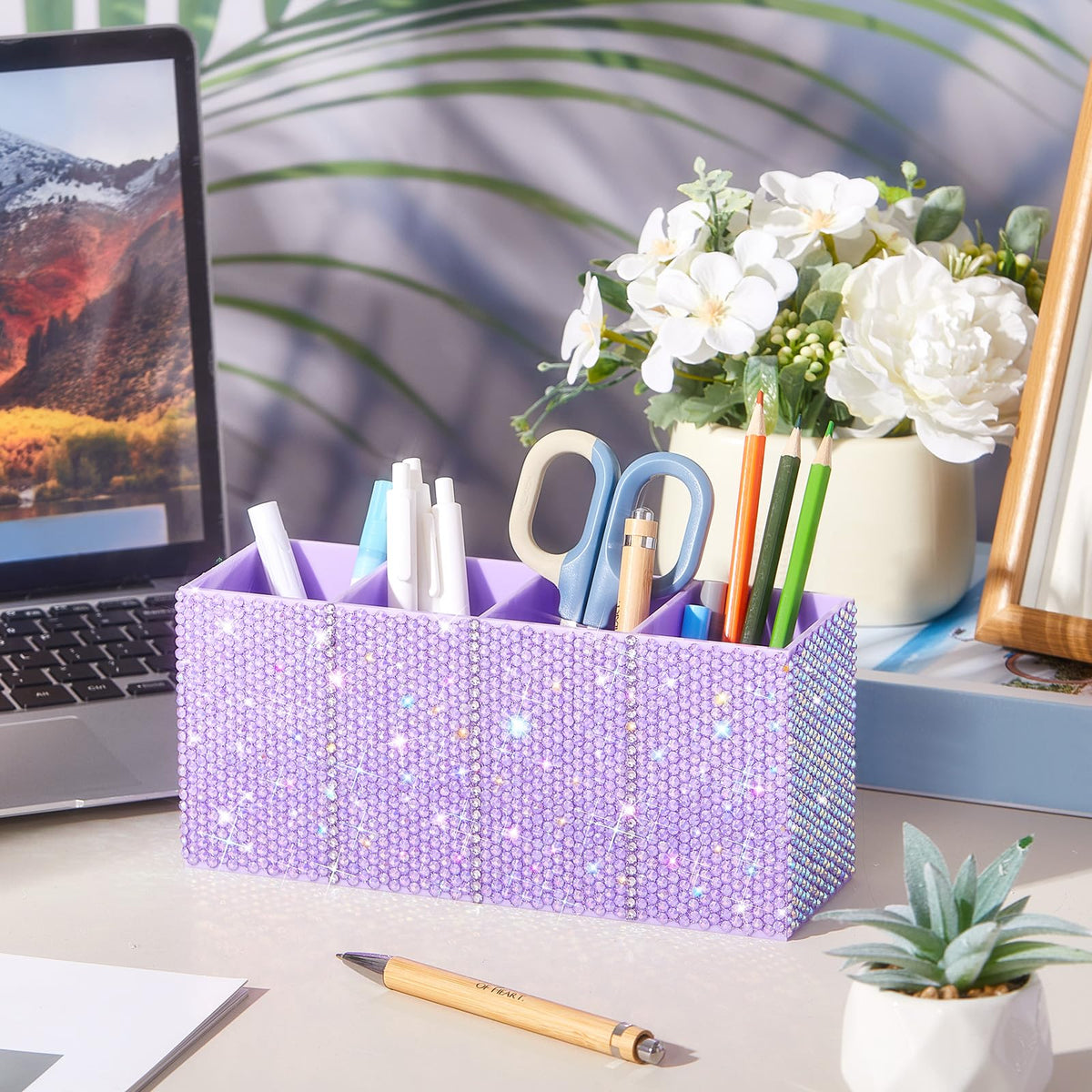 Resholder Rhinestone Desk Organizer, Purple Pen Makeup Brush Holder