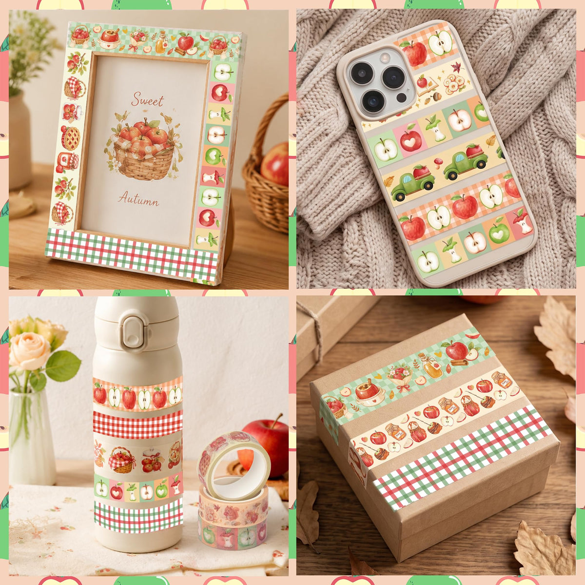 BkeeCten 12 Rolls Autumn Thanksgiving Apple Washi Tape for Gift Wrapping