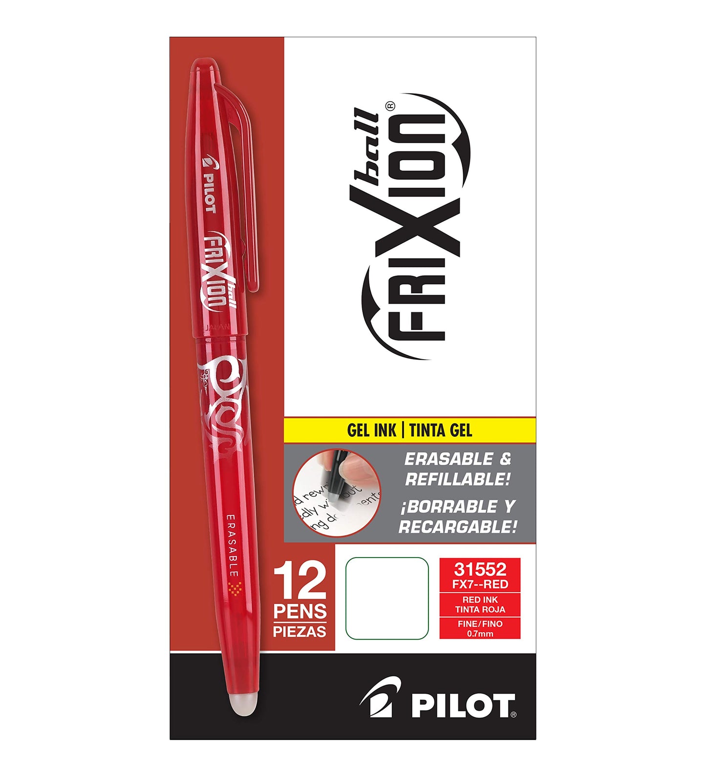 PILOT FriXion Ball Erasable & Refillable Gel Ink, Red Ink, 12-Pack