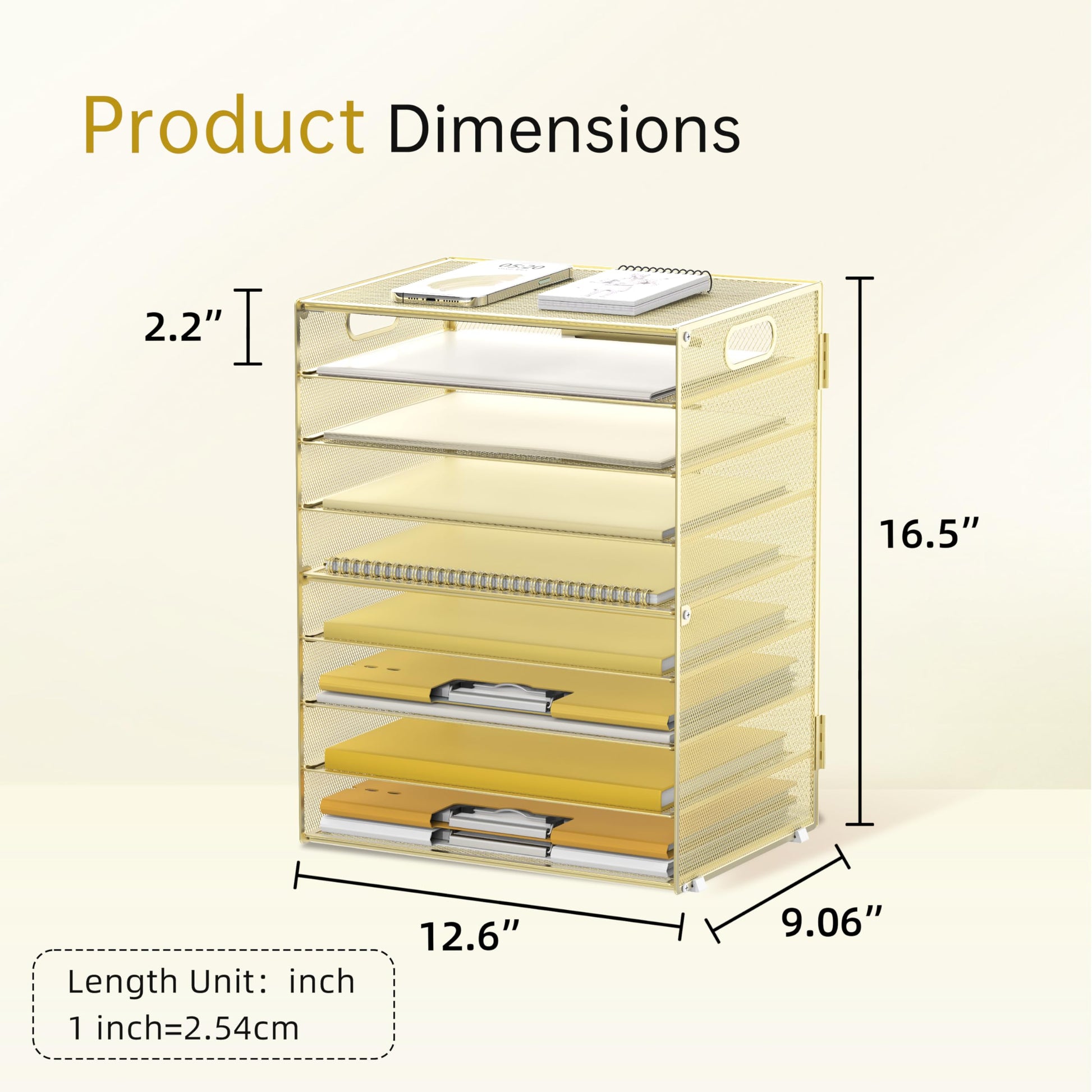 9-Tier Paper Organizer for Desk, Metal Mesh Letter Tray with Handles, Gold