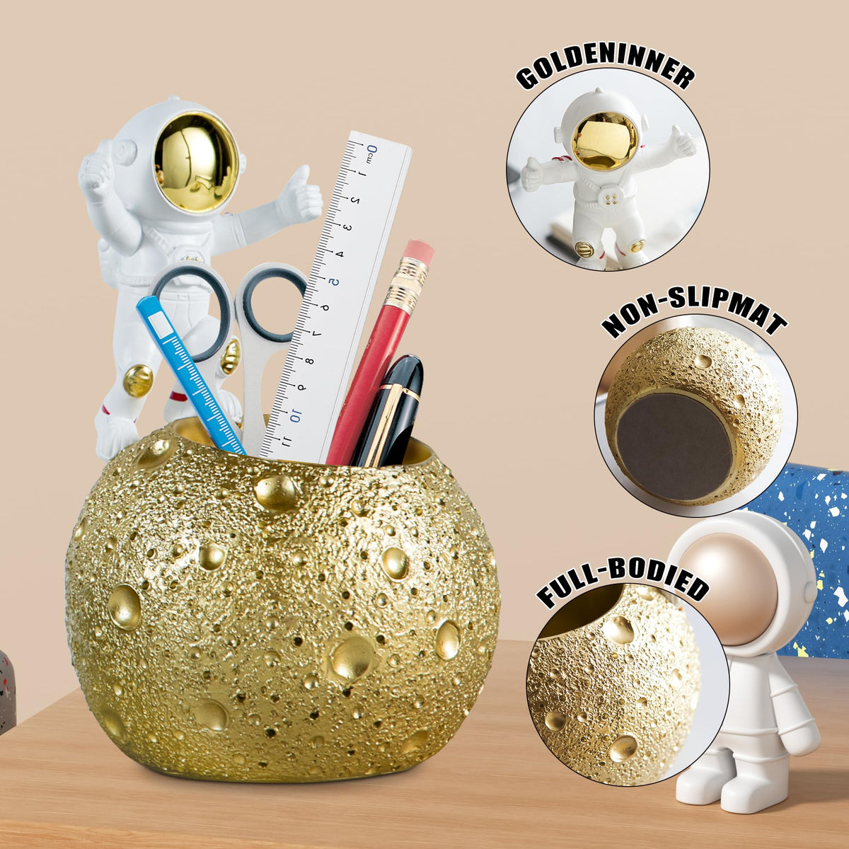 Kimdio Pen Holder, Astronaut Stand for Desk Pencil Holder, Resin Desk Moon Organizer Decorative