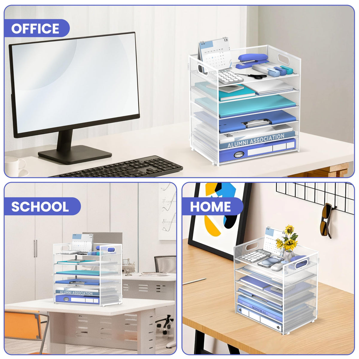 Daltack 6-Tier Paper Organizer for Desk with Handle, White, 2 Pack