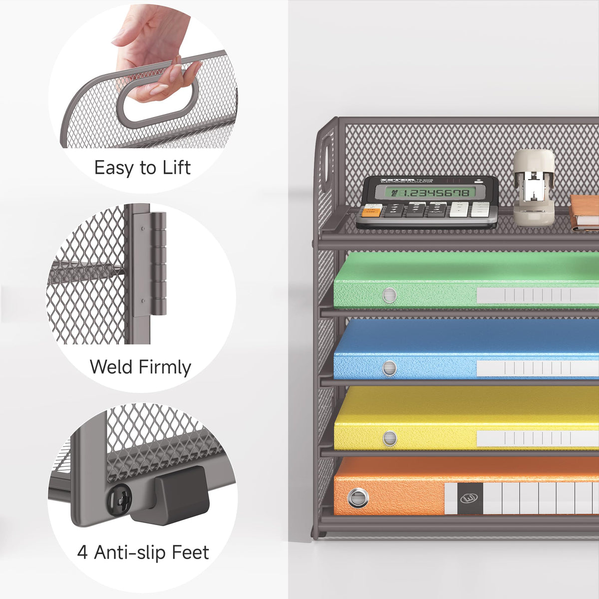 Lavatino 5 Tray Desk File Organizer, Mesh Paper Sorter Letter Tray Organizer with Handle, Desktop