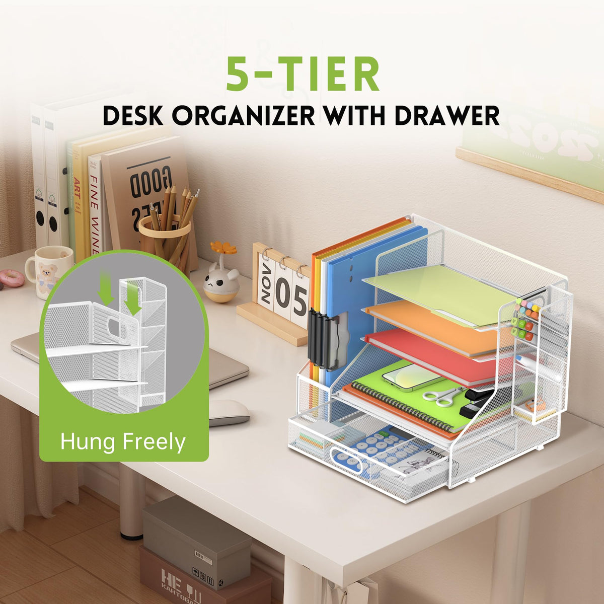 5-Tier Desk Organizer with File Holder & Pen Holder & Sliding Drawer, White
