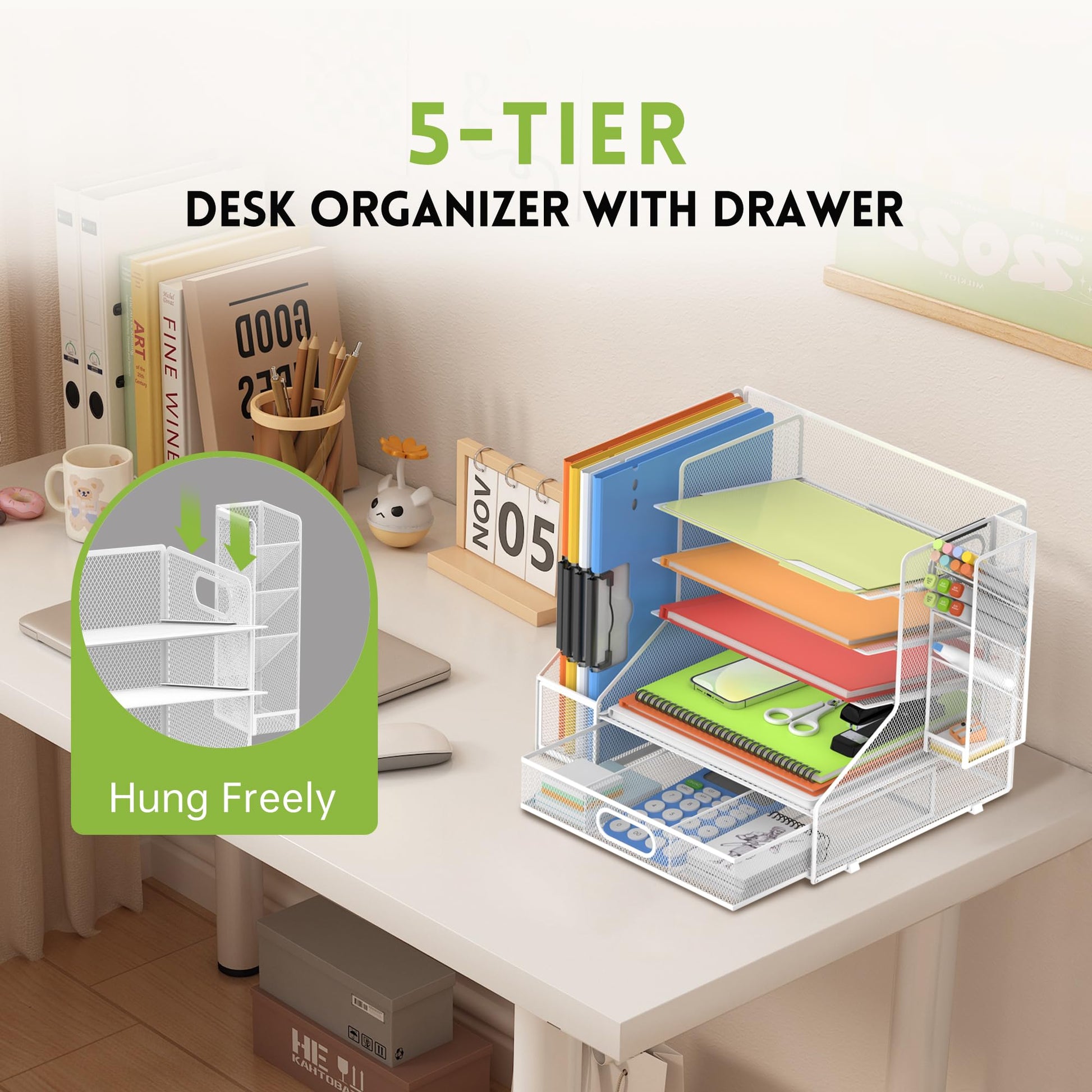 5-Tier Desk Organizer with File Holder & Pen Holder & Sliding Drawer, White