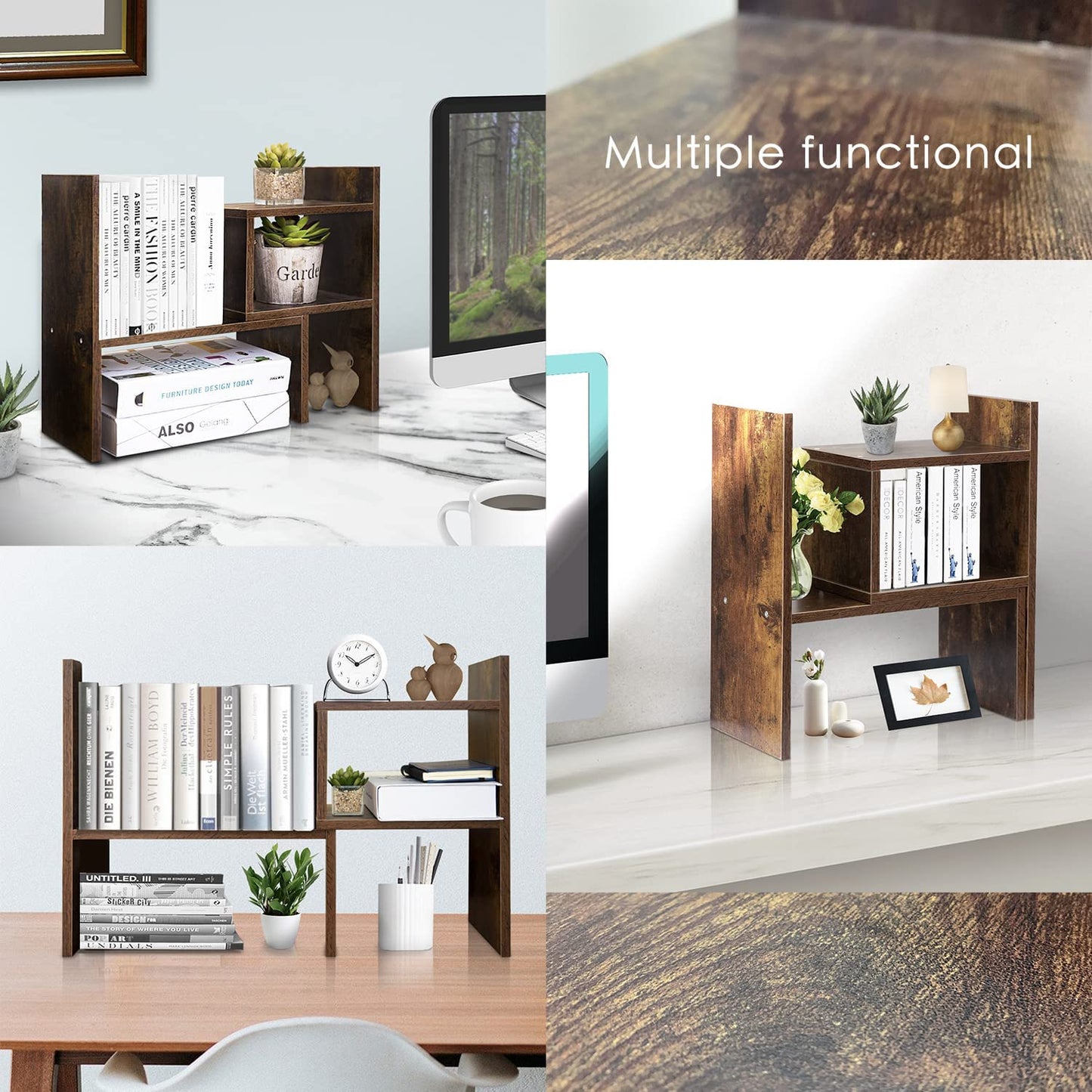 BROWN-BROWN Desktop Shelves & Office Shelves Desk Shelf Organizer Wooden Desk Shelf