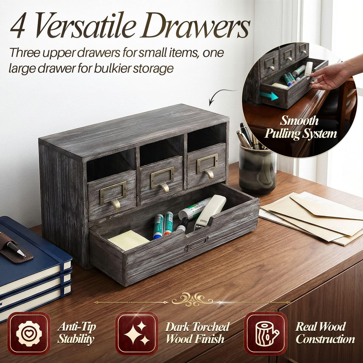 Flexzion Apothecary Cabinet with 4 Drawers - Vintage Rustic Wood Desktop Organizer for Home &