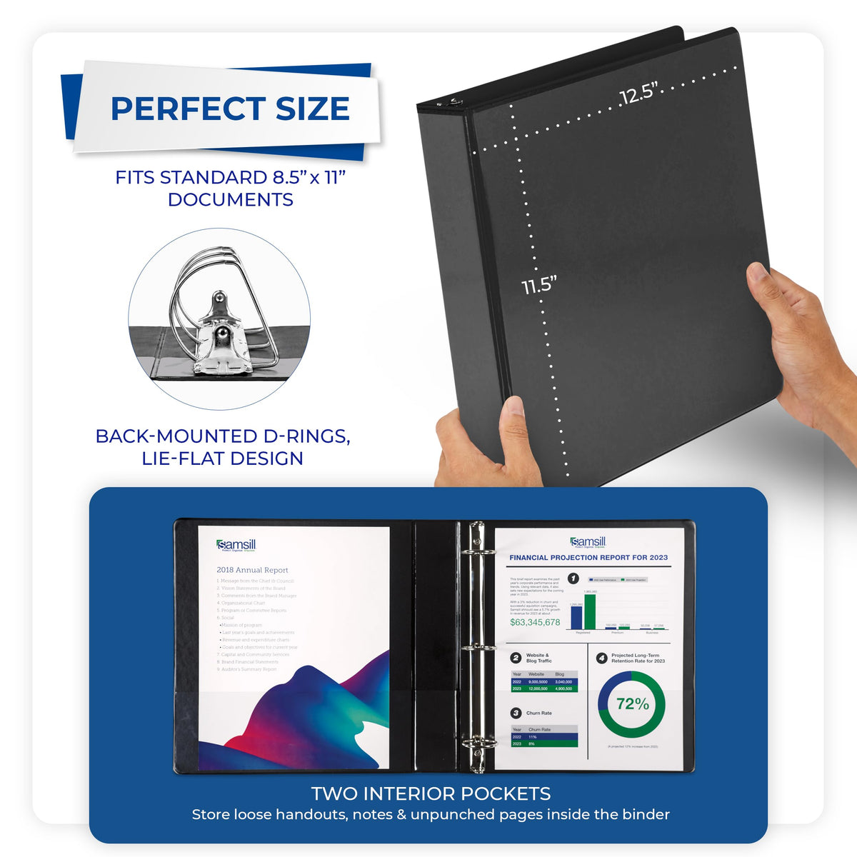 Samsill Durable 1.5 inch 3 Ring Binder, D Ring Binder, 100% Recycled Chipboard, Black, 12 Pack