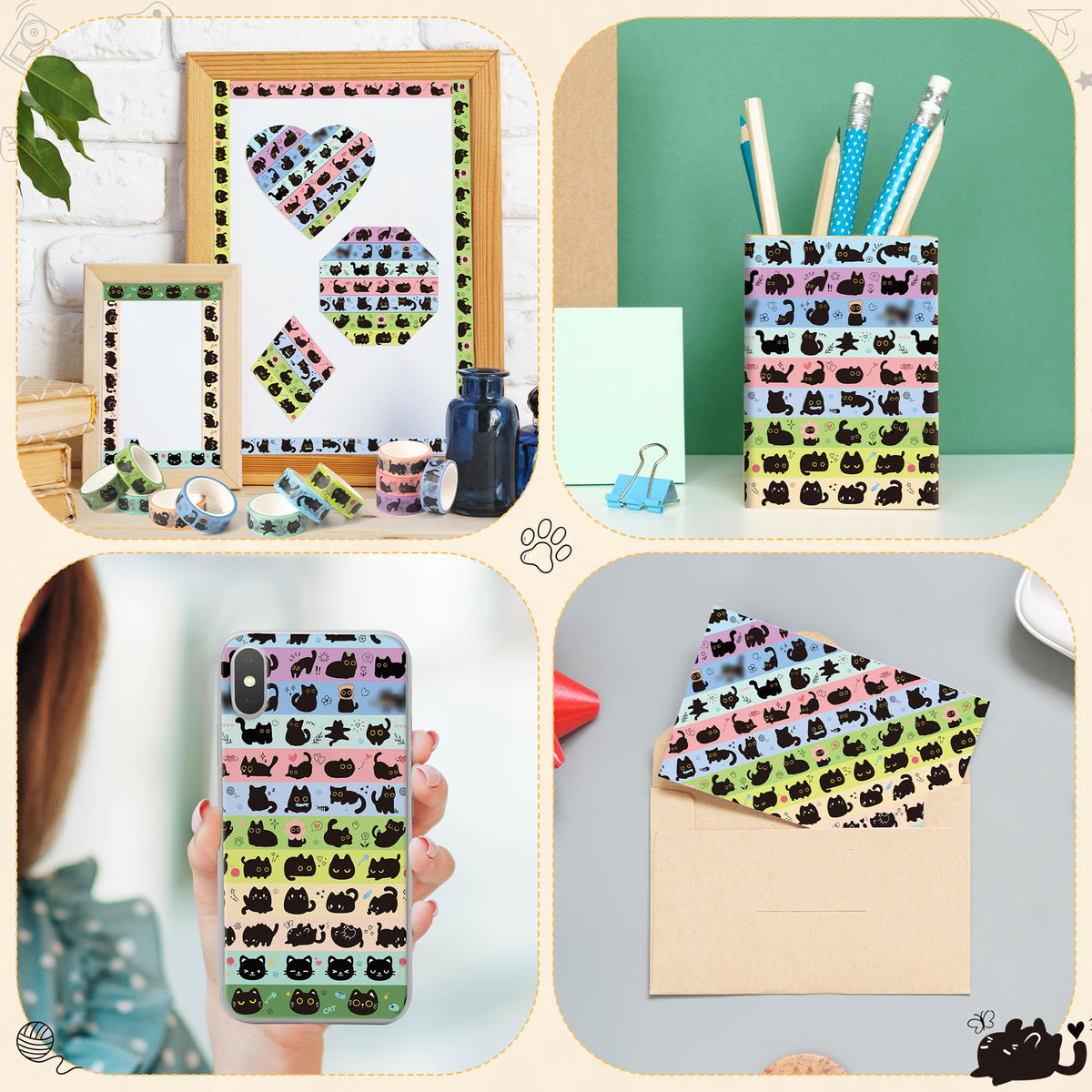 BkeeCten 12Pcs Cute Trendy Black Cat Design Washi Tape Decorative DIY Craft