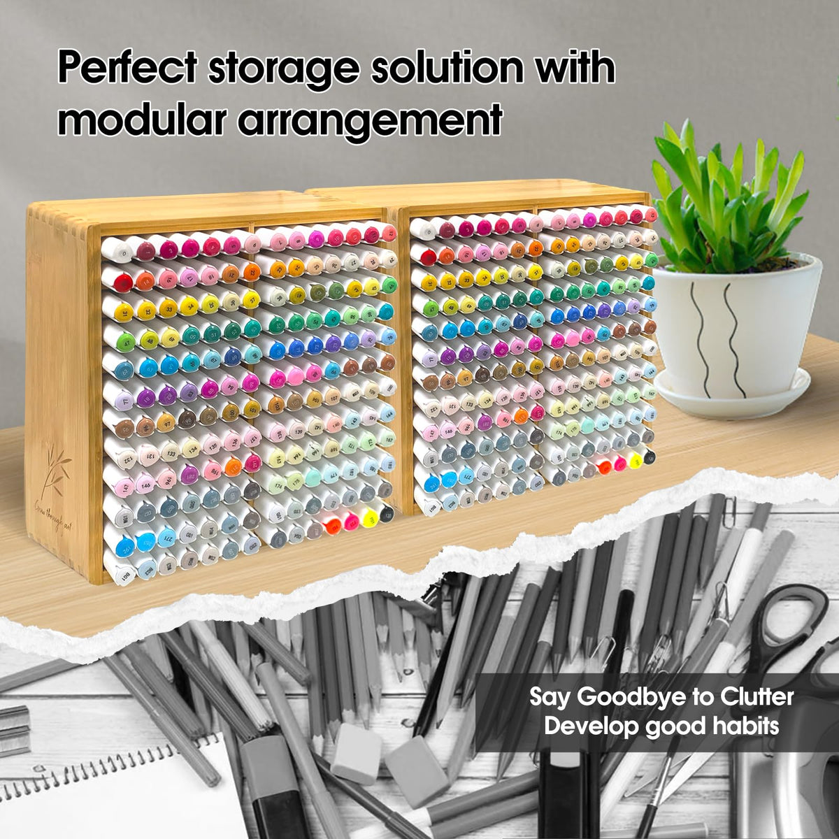 TIKSPCAE Marker Organizer for 168 Markers,Bamboo Wooden Desk Storage Organizer Rack,Markers Pens
