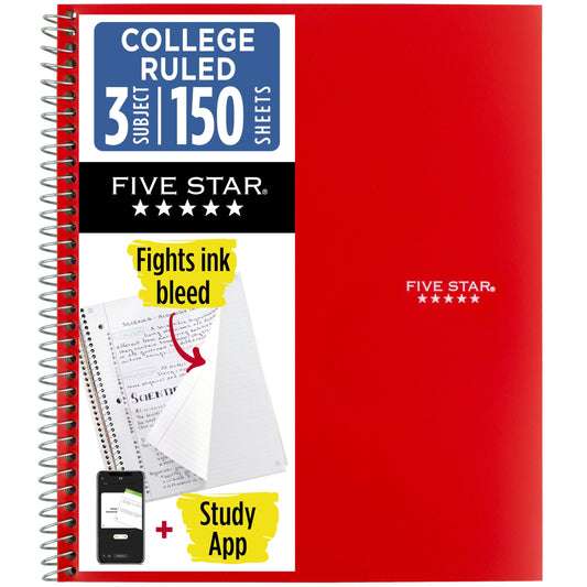 Five Star Spiral Notebook + Study App, 3 Subject, College Ruled Paper, 8-1/2" x 11", 150 Sheets