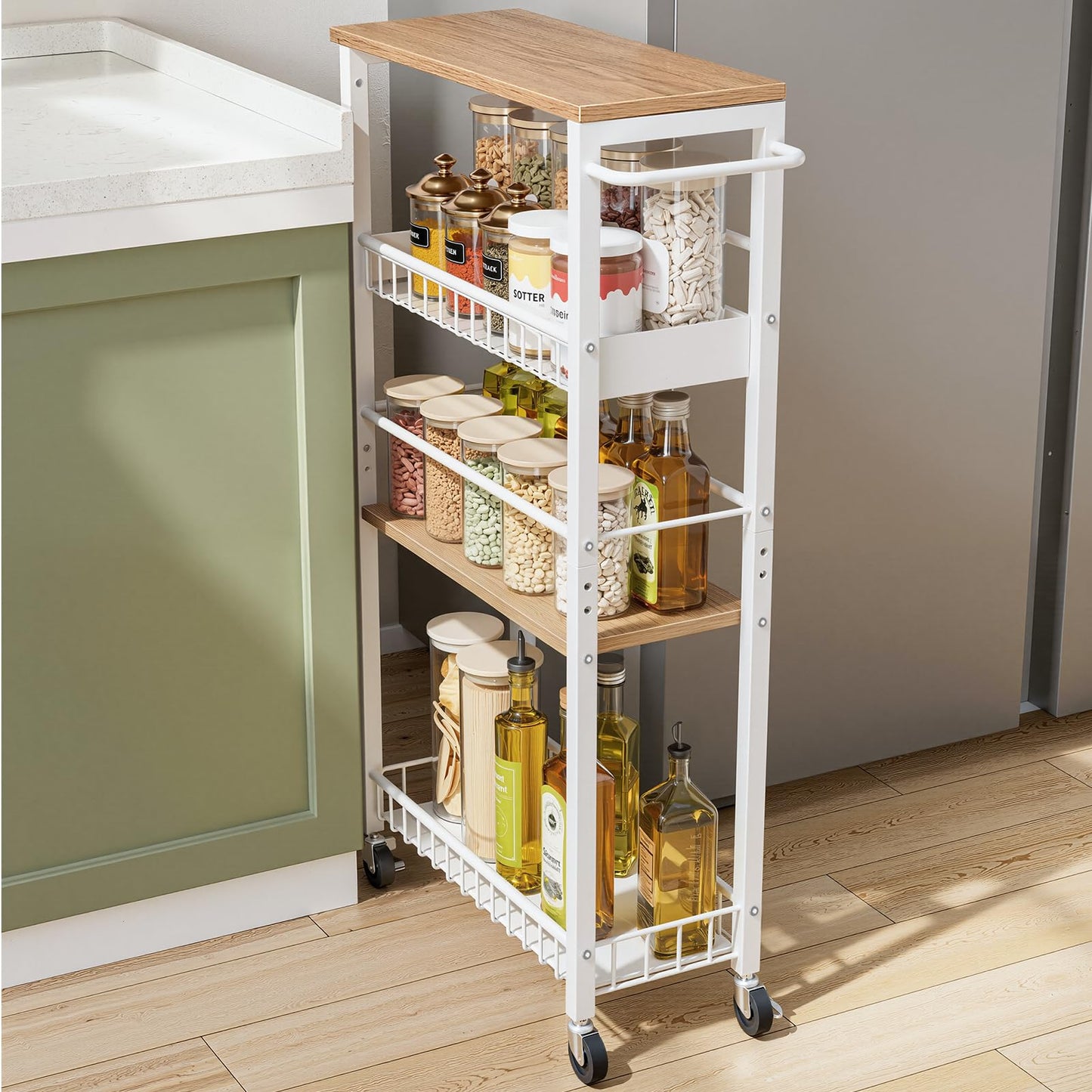 Kssiaz Slim Rolling Storage Cart, 4 Tier Narrow Storage Cart, 7.1in(W)