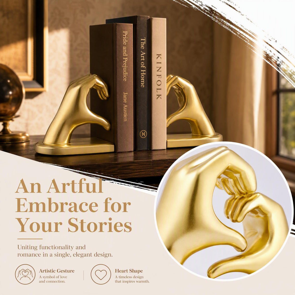 xmeden Gold Decorative Bookends for Shelves, Heart Hands Resin Sculpture with Non-Slip Felt Base