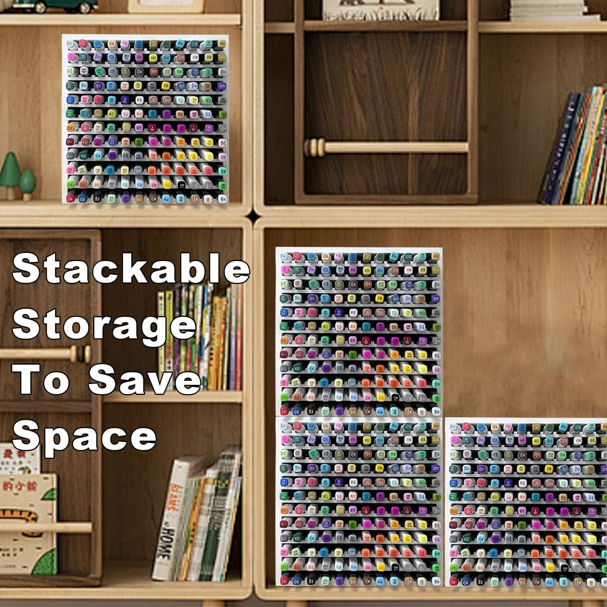 MinBoo Bamboo Art Supply Storage Rack - Wooden Marker Organizer for 144 Markers, Pens, Colored